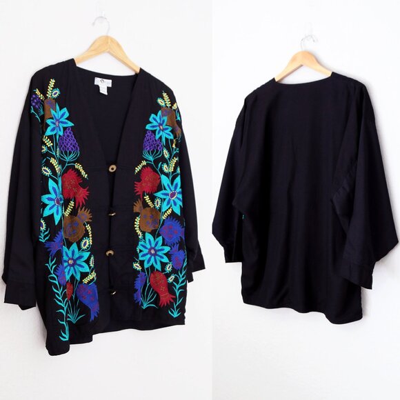 Vintage The Daily Planet Embroidered Jacket Floral Fish Metal Coin Button Size L - Picture 3 of 14